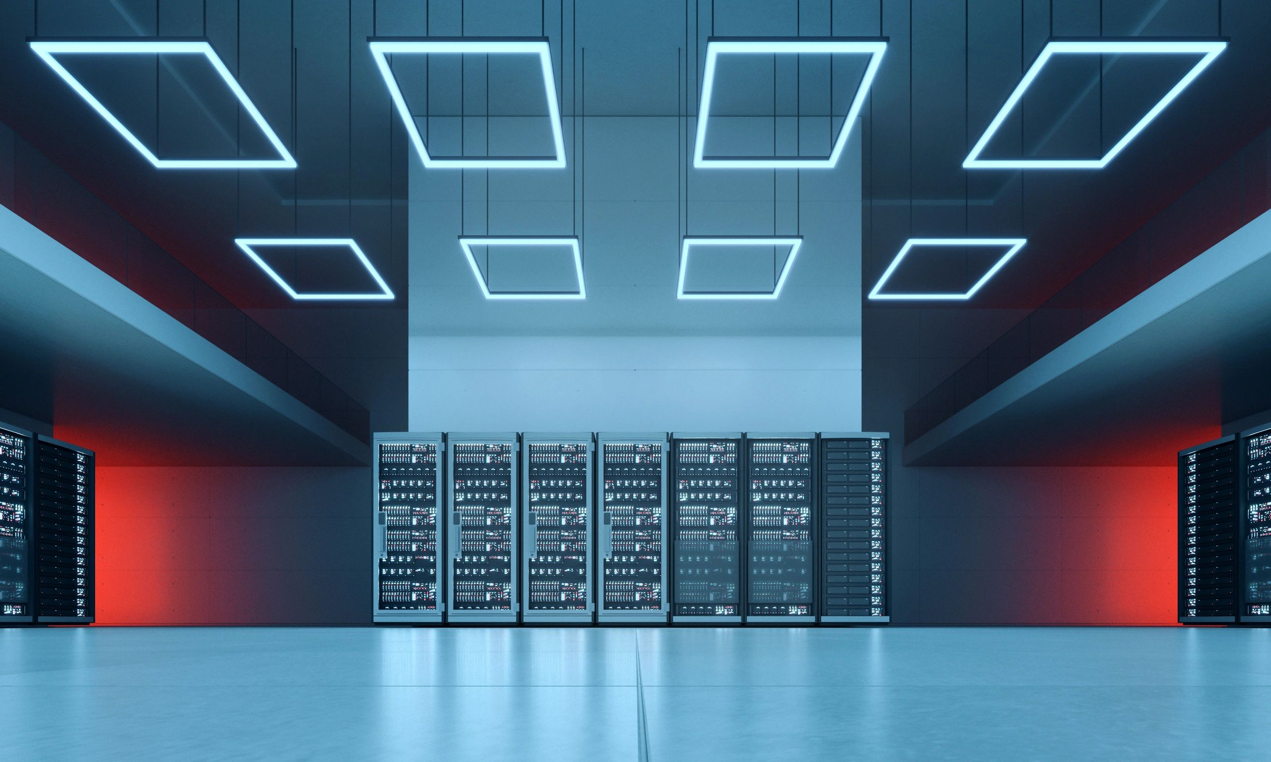 Futuristic data centre hall with aligned server racks